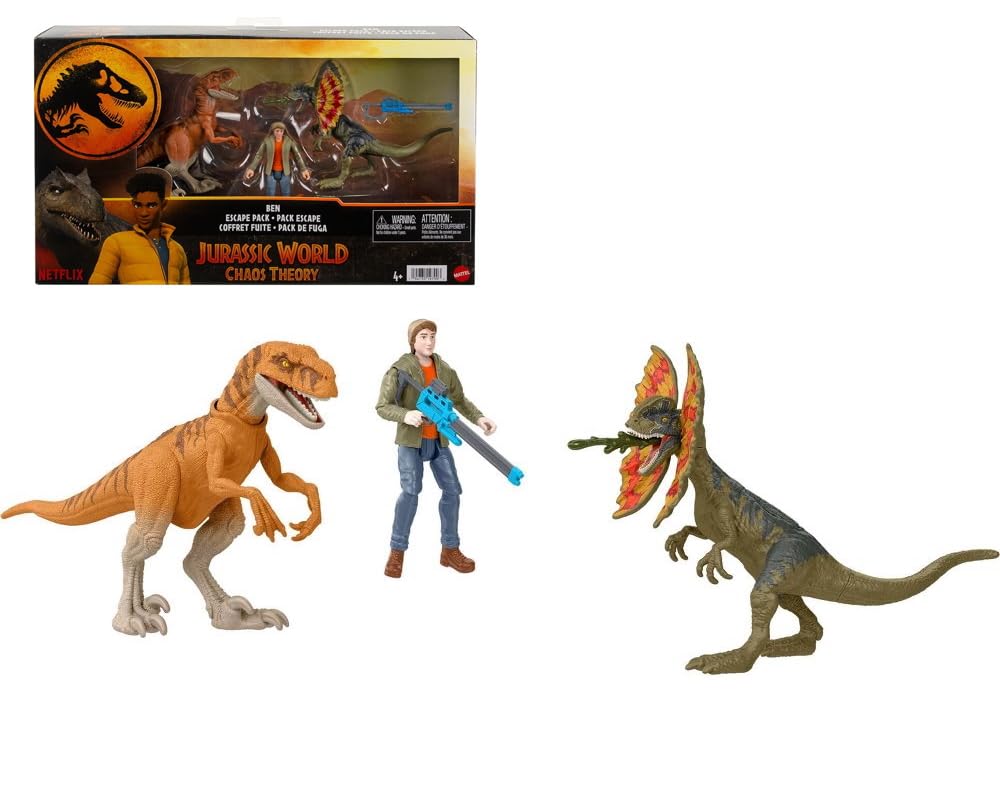 Jurassic World Chaos Theory Ben Escape Pack, 3.75-inch Action Figure Set including Dinosaurs and Blaster, Netflix Series