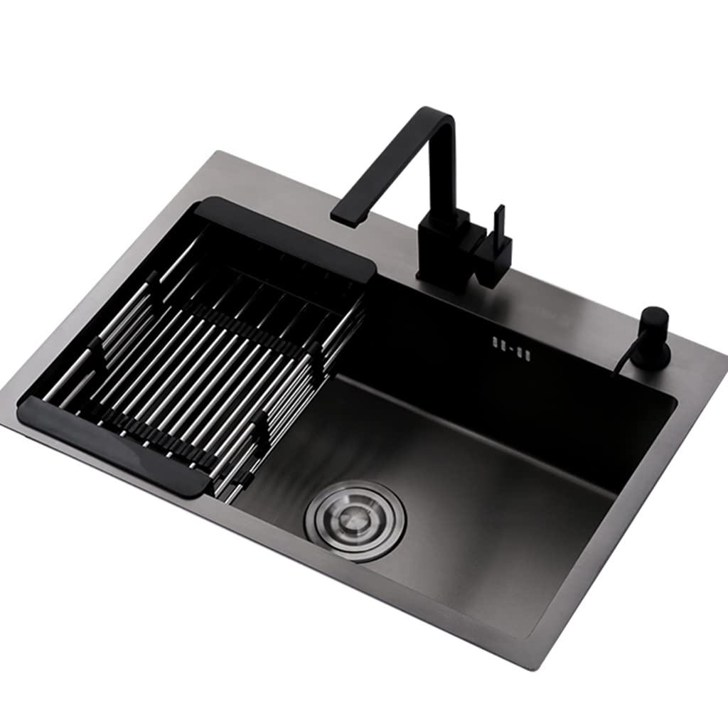 WDSOPK Premium Stainless Steel Kitchen Sink, Balcony Sink with Faucet & Accessories, Catering Sink - Black, 60x45x22 cm, & Stylish for Home & Commercial Use (Black 68 * 45 * 22Cm)
