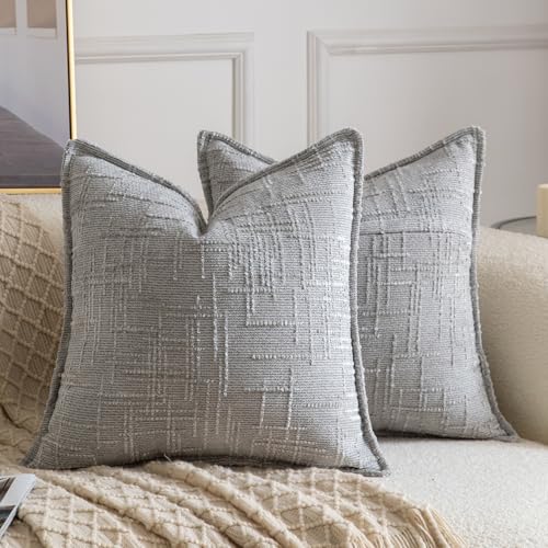 Image of MADIZZ Pack of 2 Chenille Throw Pillow Covers 16x16 Inch Grey Soft Neutral Decorative Throw Pillows for Couch Sofa Boho Accent Cushion Covers Modern Farmhouse Home Decor for Bedroom Living Room