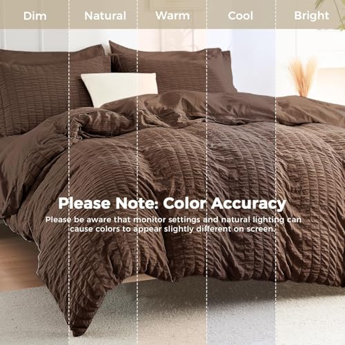 Image of HYMOKEGE Dark Brown King Size Comforter Set Seersucker 7 Pieces, All Season Luxury Bed in a Bag for Bedroom, Bedding Set with Comforter, Sheets, Pillowcases & Shams