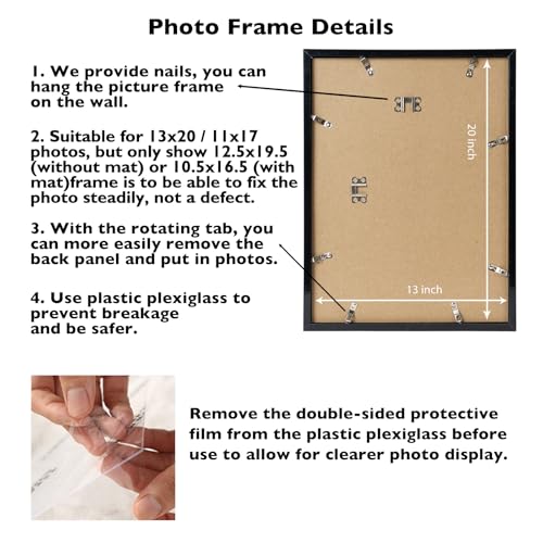 Image of JCJMY 13x20 Picture Frame with 11x17 Mat, Display Photo 11x17 with Mat or 13 x 20 Without Mat, Wall Hanging Large 13 by 20 Poster Frame with Plexiglass, Black