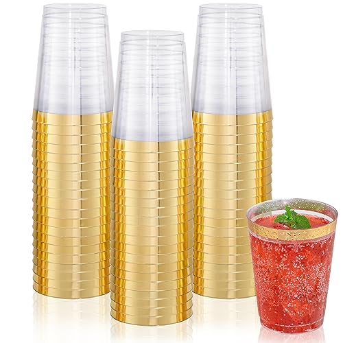 Image of DaYammi 200 Pack Gold Plastic Cups 10 Oz Clear Cup Gold Rimmed Disposable Wine Glasses Fancy Disposable Party Cups Tumblers Drinking Cup Plastic Cocktail Glasses gold disposable cups for Party Wedding