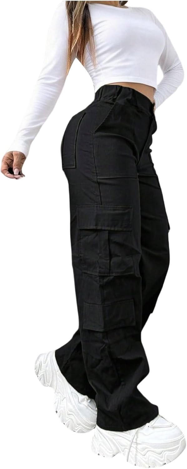 GORGLITTER Women's Cargo Pants High Waisted Parachute Pants Elastic Hiking Trousers Y2K Trendy Clothes with Pockets