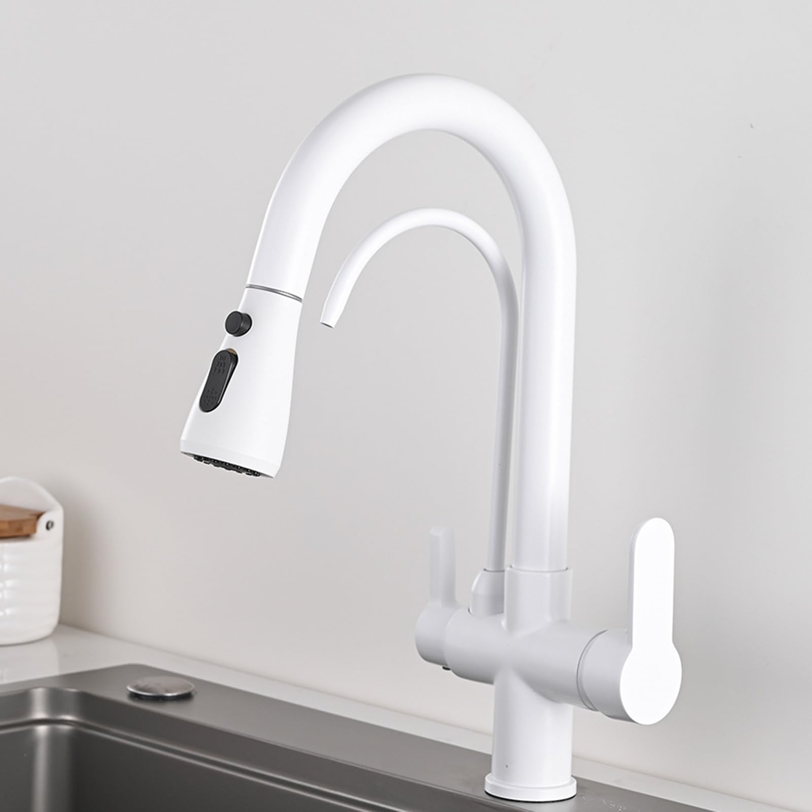 3 Way Kitchen Tap Pull Out Swivel Sink Taps Brass 2 Water Outlets Purified Hot and Cold Water-White