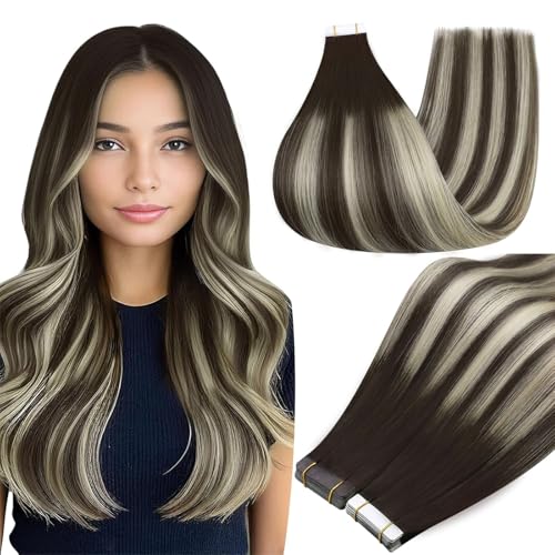 Image of Full Shine Balayage Hair Extensions Real Human Hair Tape ins Color 2 Brown Ombre 60 Blonde Highlight 2 Brown 16Inch Double Sided Tape Extensions Remy 50Gram Seamless Skin Weft 20Pcs for Wedding