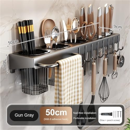 Organizador de cocina para colgar en pared para cuchillos y cubiertos con ganchos para utensilios y toallas, ahorro de espacio, resistente y fácil de instalar (gris) miniatura 2