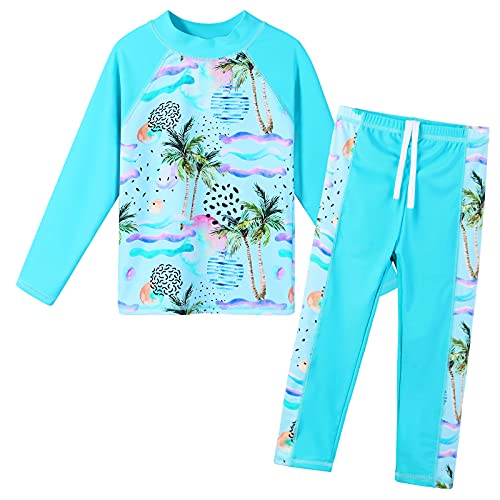ZNYUNE Niña Niño Traje de Baño UPF50+ Impreso 2 Piezas Top Manga Larga + Pantalones Rash Guard Protección 361 Cian B 8A Cover