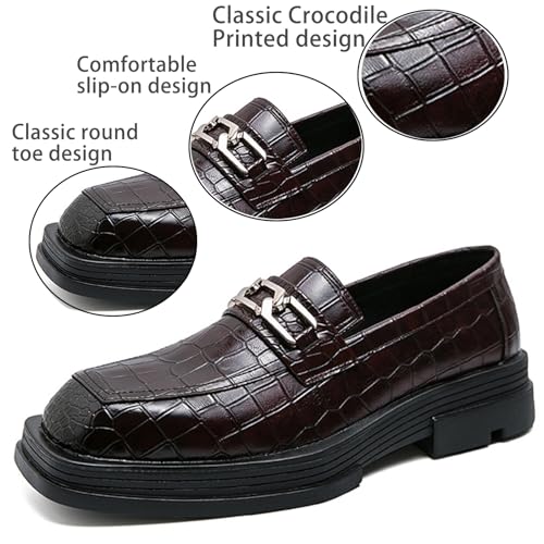 Men's Leather Chunky Dress Loafers Classic Crocodile Printed Business Platform Slip on Penny Loafer Comfortable Office Work Shoes3
