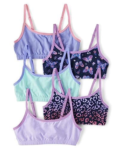 The Children's Place,Cotton Bralette Adjustable Strap 5-Pack,BRIGHT PINK | CAPRI BLUE | COOL FLIES_TIDAL | DAY DREAMER | LOVELY LAVENDER | OMBRE LEOPARD_TIDAL,Medium (7/8)