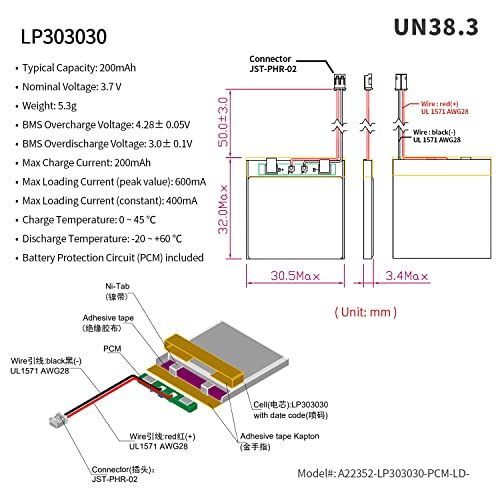 EEMB Batteria 3.7V 200mAh 303030 Lipo Batteria