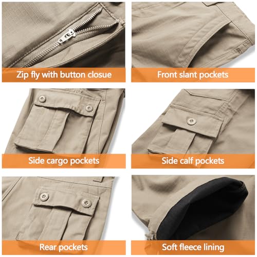 Men's Fleece Lined Cargo Pants Winter Camo Tactical Pants Waterproof Thermal Hiking Pants Insulated Work Pants No Belt3