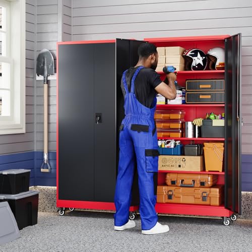 Image of Yizosh Metal Garage Storage Cabinet with Locking Doors and Adjustable Shelves,- 75 inch Rolling Steel Tool Cabinet for Home Office,Garage,Warehouse