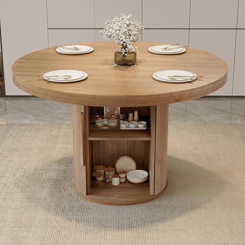 Image of HIPIHOM 43.3 inch Round Kitchen Table for 4-6 Modern Farmhouse with Storage Shelf, Waterproof Top for Small Space Dining, Office, Living Room (Walnut Color Table)