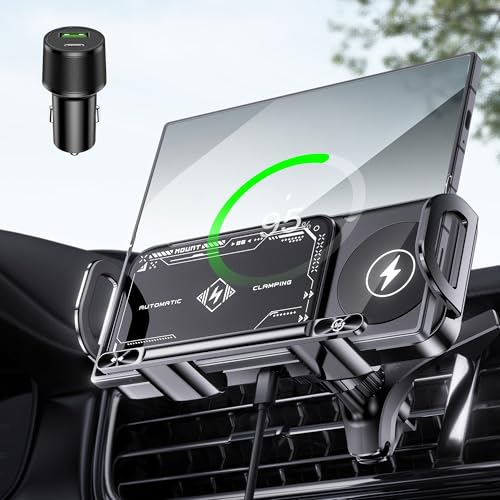 JDHDL Wireless Car Charger Mount, Auto-Clamping 15W Dual Coil One-Touch 90° Rotatable Car Phone Holder Wireless Charger for Samsung Galaxy Z Fold 7/6/5/4/3, Z Flip, Galaxy S Series and iPhone