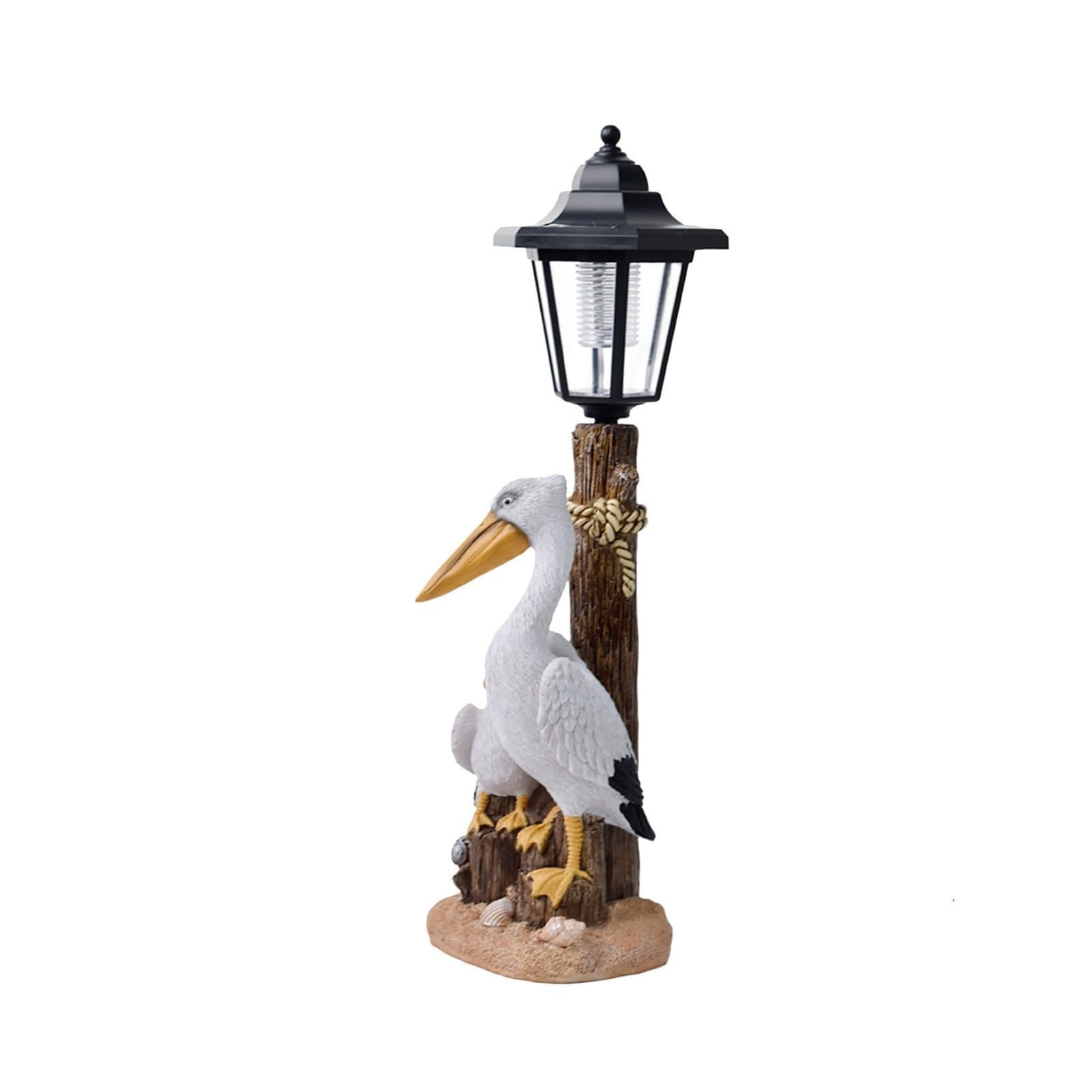 YUZDNM Solar Animal Statues with Lantern Resin Seabird Pelican Figurine Standing on a Tree Stump with Solar LED Light, Mediterranean Style Sculptures for Porch Patio Balcony Yard Decor(#a)