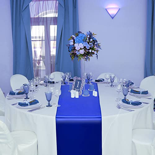 Image of 12 Pack 12x108 Inch Satin Table Runner and 84 Inch Round Plastic Tablecloths Set Royal Blue and White Disposable Table Cover for Graduation Wedding Bridal Shower Anniversary Birthday Party Decorations