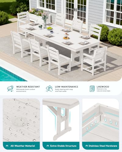 Image of SERWALL 10 Piece 84 inch HDPE Outdoor Dining Set for 8 with 6 Armless Chair, 2 Armchairs and Umbrella, White