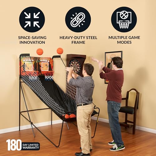 Hathaway Sure Shot 81-in Dual Basketball Arcade Game for Game Room - with LED Scoring, Foldable Indoor Basketball Game Design, Steel Frame, 8 Game Modes, Pump & Dual Hoops - Orange/Black Finish4