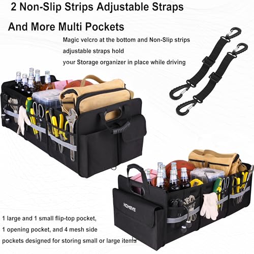 Image of Homeve Trunk Organizer, Car Storage, Reinforced Handles, Collapsible Multi-Compartment, Foldable, Waterproof, Sturdy, 600D Oxford Polyester For Car, SUV, Mini-Van, Black, 3 Compart