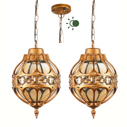 Dusk to Dawn Aluminum Outdoor Pendant Lights for Porch Garage, Vintage Globe Pendant Lighting Outside Gold Hanging Light Fixture with Amber Glass, Waterproof Exterior Chandelier, 2 Pack