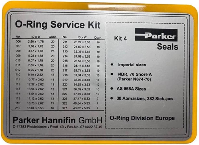 Parker O Ring Kit 4, Imperial Sizes, (382 Pcs) NBR,70 Shore A (Parker