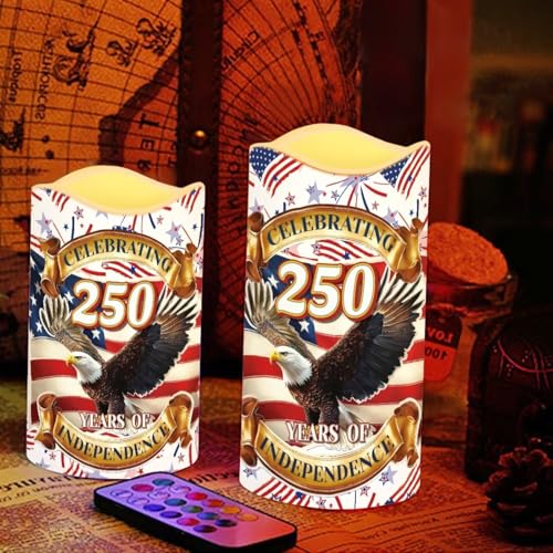 Image of Independence Day Flameless LED Candles Patriotic Floral Design Warm Lamp America 250th Battery Operated Flickering Timer Candle Aesthetic Cozy Minimalist Home Decor, 4 Pack