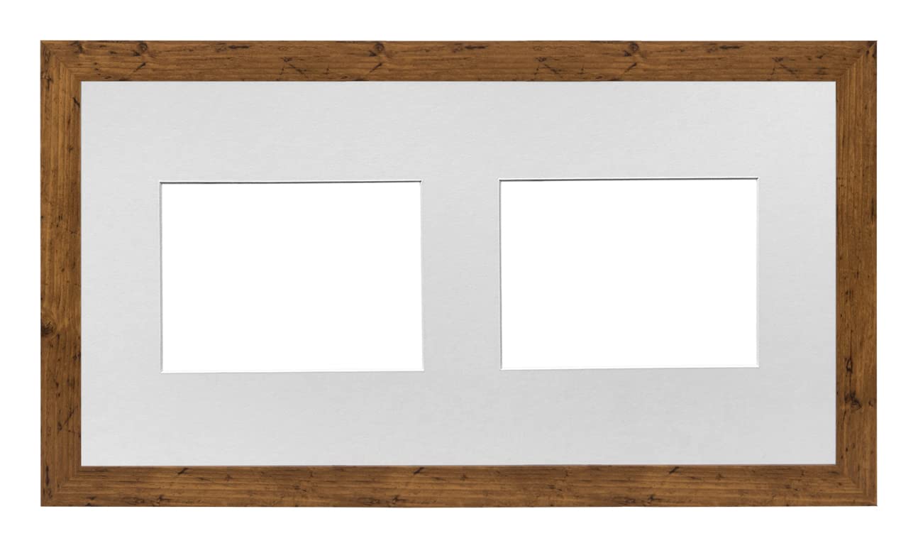 Walnut Frame 20x10' Multi Aperture Picture Frame with White Mount to fit (2x) 7x5' Photos with Perspex Sheet - Wall Mountable Landscape or Portrait