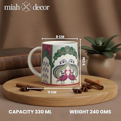 Image of miah decor Neelmayur Royale Collection Handcrafted Ceramic Coffee Cups Set of 2 | Mughal Peacock Design Tea & Coffee Mugs | Green & Maroon on Cream Base | Microwave & Dishwasher Safe