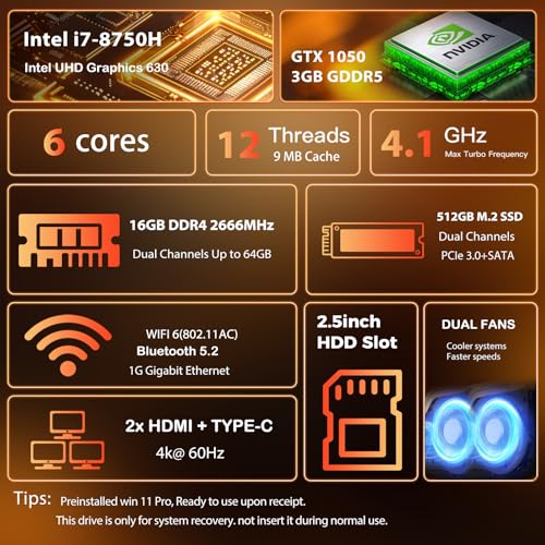 Image of Mini PC, Intel Core i7-8750H(8C /16T up to 4.1GHz), GeForce GTX 1050 3G Discrete Graphics Mini Computer with RGB Lights, 16GB DDR4 512 NVMe SSD, Triple Display, WiFi6 BT5.2, 1G RJ45, Win 11 Pro Black