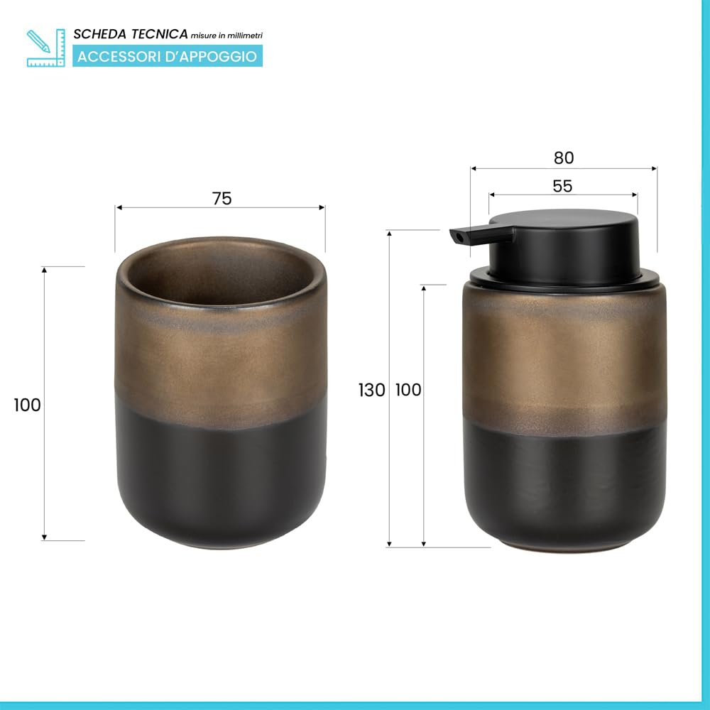 Set Accessori Bagno Completo 3 Pezzi In Ceramica Nero Opaco E Bronzo – Dispenser Sapone, Porta Spazzolino E Porta Scopino WC – Linea Teos