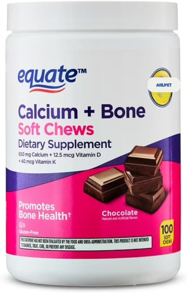Equate Calcium + Bone Soft Chews Chocolate Flavor 650mg Calcium, Vitamins D & K, 100 Count + AGILIPET Sticker