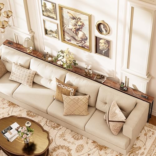 Image of Huuger 133.9 Inch Sofa Table with Power Outlets, Skinny Behind Couch Table | 5.9 Inch Narrow Entryway Table, Extra-Long Console Table, Behind the Couch Table with Outlet for Living Room, Rustic Brown