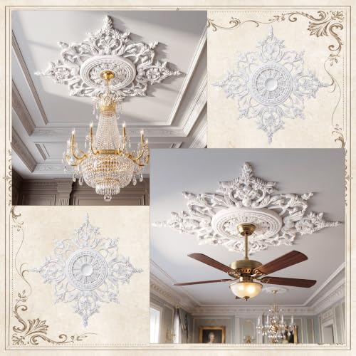Image of Novabright 47'' Large Ceiling Medallion for Light Fixtures 47 inchod x 2.36'' ID French Style PU Ceiling Medallion Combination 5 Pcs Set Easy Installation for Chandelier Ceilings Decor, Glue Not Included