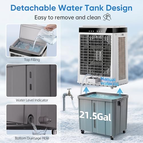Image of Uthfy 6288 CFM Swamp Cooler for 1,400 sq. ft, 48 inch Evaporative Air Cooler with 21.5 Gal Detachable Water Tank, 120 Oscillation, 3 modes, 12H Timer, Indoor & Outdoor Air Conditioner for Garage, Patio