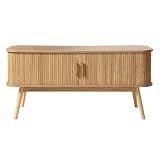 ÉLÉGANT ET FONCTIONNEL : Ce meuble combine style et fonctionnalité. Ses 2 portes coulissantes à façade effet bois rainuré permettent de ranger livres, télécommandes, box ou console de jeux. 2 Trous prévus pour les câbles. Séparation verticale.