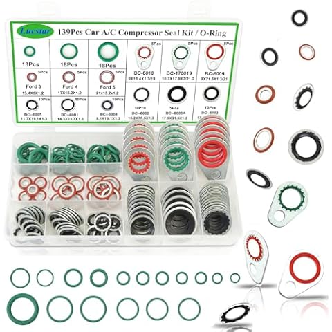 Lucstar 139 PCS A/C Seal Kit,AC O Ring Assortment Kit, AC Gasket Seal Kit, Automotive Replacement Air Conditioning Compressors Port Sealing Washers,R 134a Refrigerant for AC Valve Core Cover