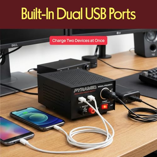 Image of Pyramid 7A Bench Power Supply | AC DC 12V DC Power Supply with USB | 13.8V regulated bench power supply with dual USB ports, cigarette lighter socket, and short-circuit protection