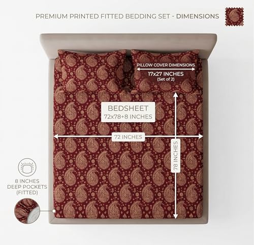 Image of VAS COLLECTIONS 180 TC Cotton Fitted Bedsheet Double Bed (72x78+8 Inches) with 2 Pillow Covers - Soft Breathable Skin Friendly Jaipuri Printed Elastic Fitted Bed Sheet, Wine