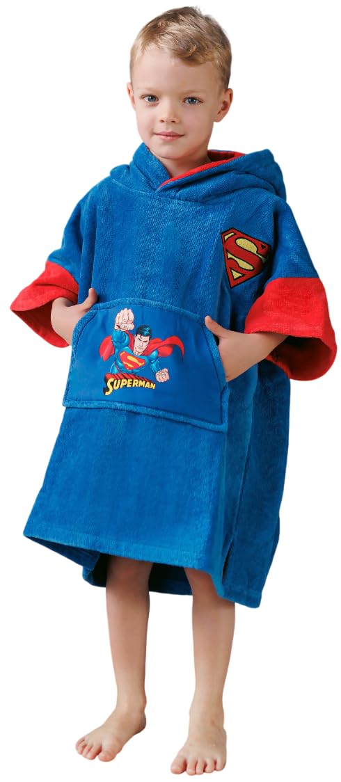 WAVE HAWAII Poncho de baño para niños, poncho de surf de algodón natural, poncho de playa con capucha, toalla acogedora para niños y niñas para el hogar, baño de ocio y viaje, tamaño (Superman, XS)
