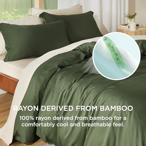 Bedsure Silky Cooling Duvet Cover King Size - Lightweight 100% Rayon Derived from Bamboo Comforter Cover Set for Hot Sleepers, Breathable & Moisture-Wicking Bedding Set, Olive Green