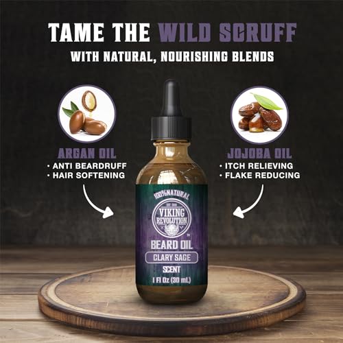 Image of Viking Revolution Beard Oil with Clary Sage for Men - Natural Blend with Argan and Jojoba Oils for Softening, Strengthening, and Moisturizing