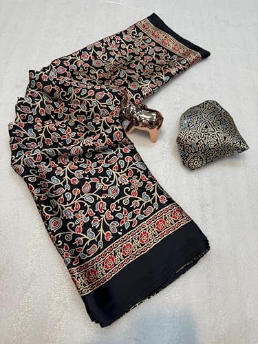 Image of SATIKA VASTRAM Modal Silk Ajrakh Saree Bandhani Design Crepe Printed Designer Pallu Attach Blouse Piece