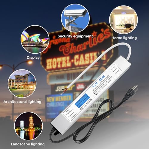 Image of LED Driver 40 Watts, IP67 Waterproof 12V Power Supply, AC 90-265V to DC 12V 3.33A Low Voltage Transformer with 3-Prong Plug 3.28ft Cable for LED Lights, Computer Project, Outdoor Use