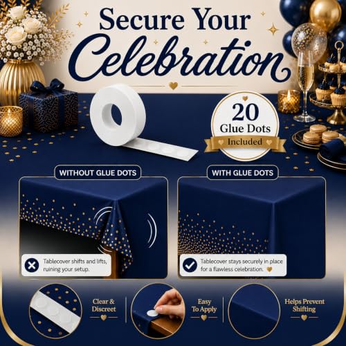 Image of Blue Orchards Blue and Gold Dots Table Cover (Pack of 3 with 20 Glue dots) - 54 inchx108 inch XL - Plastic Tablecloth, Anniversary, Wedding, Graduation Decoration, Picnic & Golden Birthday Party Supplies