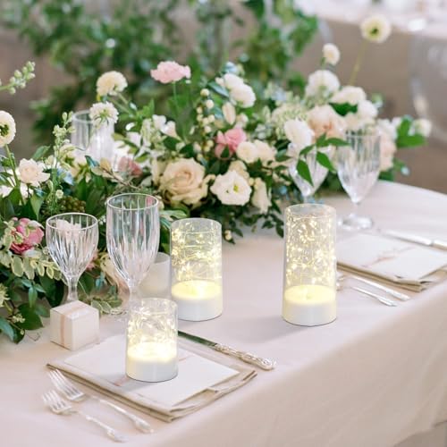 Image of LED Flameless Candles with Warm White Fairy Lights in Glass Cylinder, Battery Operated, Realistic Flickering Effect, Decorative Lights for Bedroom, Living Room, Wedding & Home Decor (Set of 3)