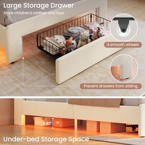 Image of DICTAC Twin Size LED Bed Frame with Storage Drawer and Safety Guardrails, Velvet Upholstered Platform Bed for Kids with Chic Wavy Storage Headboard, Charging Station, Heavy Duty Metal Support, Beige