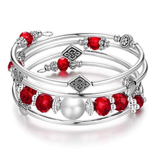 Wrap Bangle Layered Crystal Bracelet - Fashion Jewelry Bead Bracelet Gifts For Women (09-Red)
