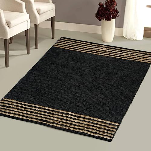 GRUHUM Jute Area Rug 3x5ft- Natural Fiber Black Rectangular Leather