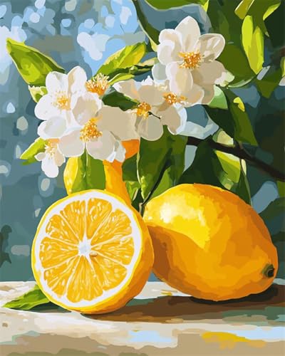 フルーツ 数字によ ペイントキット 大人用,イエローレモン,DIY 絵 16x20インチ アクリルペイントセット初心者に最適 ホームデコレーション用