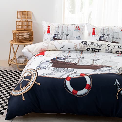 CVHOUSE Nautical Bedding Set Twin Size,Nautical Sailboat Bed for Boys Teens,Ocean Themed Sailing Anchor Comforter Cover Soft,Anchor Duvet Quilt Twin 71'x87' - Image 2
